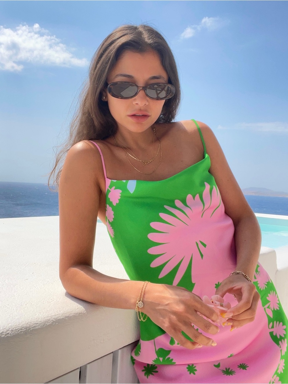 Zara Satin Effect Mini Dress in Pink/Green